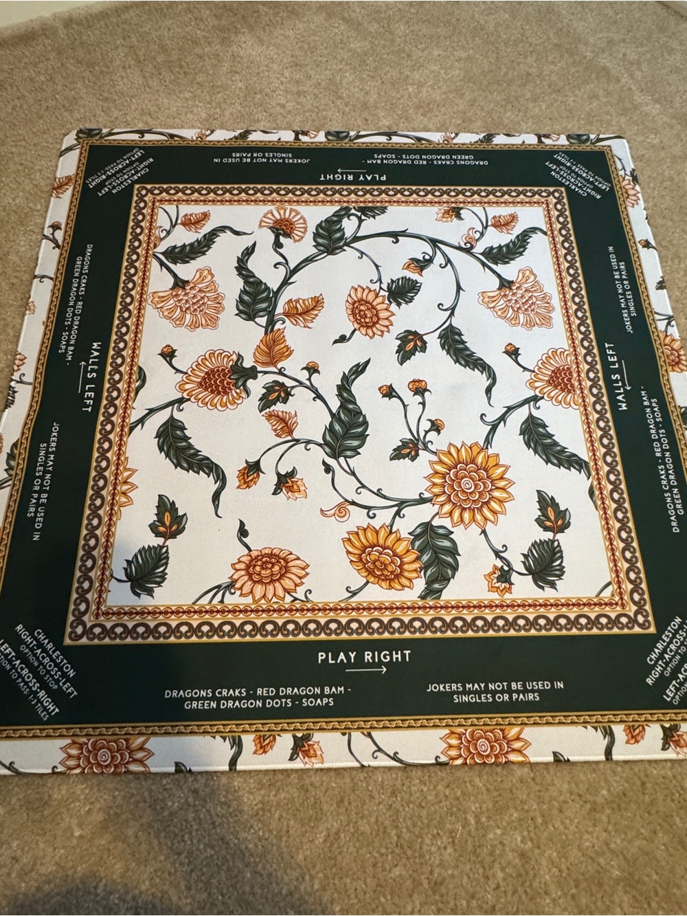 Floral Mahjong Mat in Green, Cream & Gold
